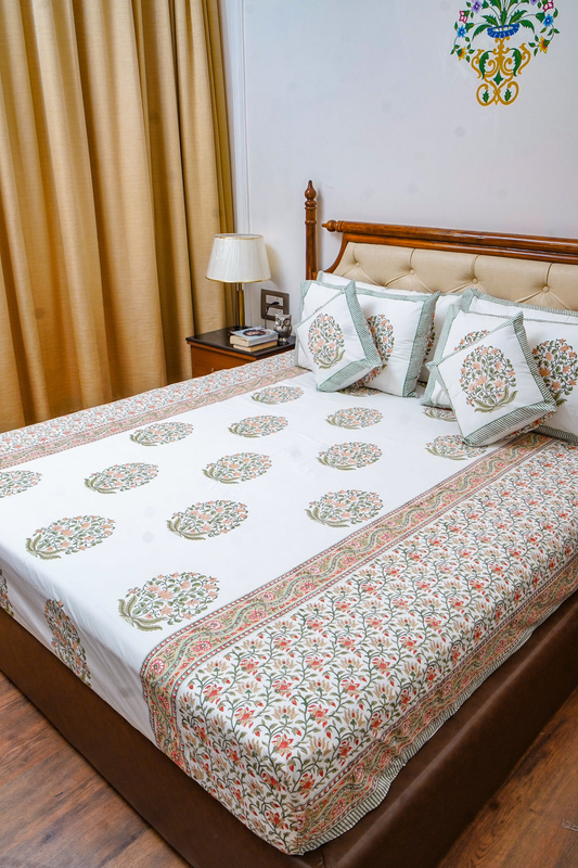 HIMANI HAND BLOCK PRINTED BEDSHEET WITH TWO REVERSIBLE PILLOW COVERS
  
  
