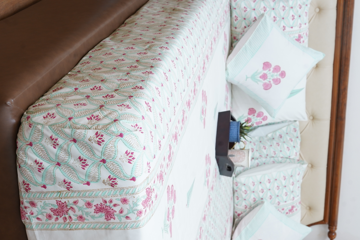 Kantara Hand Block Printed Bedsheet with two reversible pillow cases